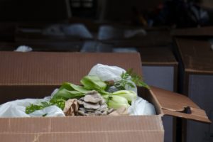 Bok choy and oyster mushrooms packed in a cardboard box